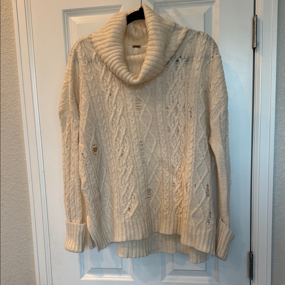Free People Ivory Cable Knit Turtleneck Sweater
